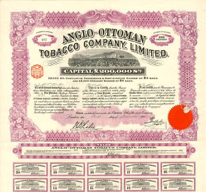 Anglo-Ottoman Tobacco Co., Limited - Stock Certificate